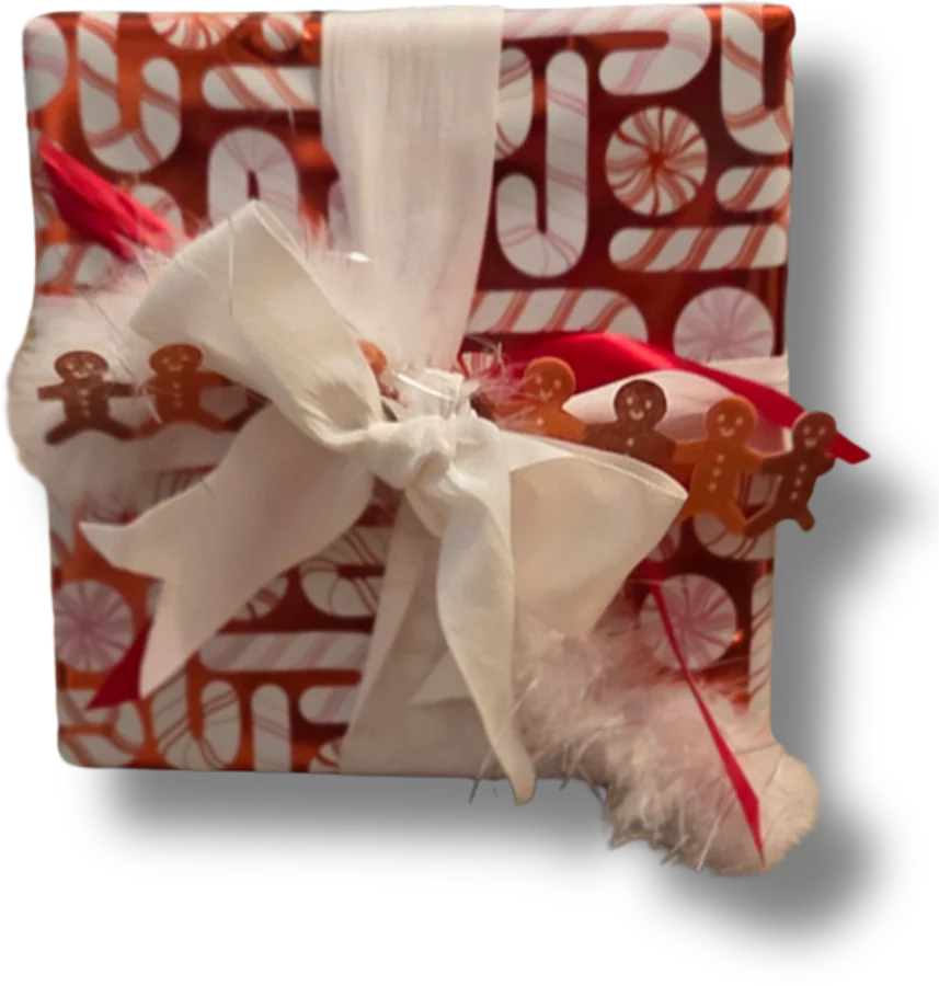 A flat parcel in candy cane paper with a soft white bow, gingerbread trim and a feather